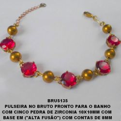 PULSEIRA NO BRUTO PRONTO PARA O BANHO COM CINCO PEDRA DE ZIRCONIA 10X10MM COM  BASE EM (''ALTA FUSÃO'') COM CONTAS DE 8MM TODA EM LATÃO - TAM.18CM+EXTENSOR (13.3GR) BRU5135