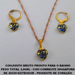 CONJUNTO BRUTO PRONTO PARA O BANHO  PESO TOTAL 3,9GR) - COM CORRENTE SINGAPURA  DE 45CM+EXTENSOR - PINGENTE DE CORAÇÃO  CRISTAL 10MM - BRU3524