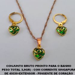 CONJUNTO BRUTO PRONTO PARA O BANHO  PESO TOTAL 3,9GR) - COM CORRENTE SINGAPURA  DE 45CM+EXTENSOR - PINGENTE DE CORAÇÃO COM  CRISTAL 10MM - BRU3523