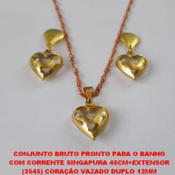 CONJUNTO BRUTO PRONTO PARA O BANHO COM CORRENTE SINGAPURA 45CM+EXTENSOR (3545) CORAÇÃO VAZADO DUPLO 12MM PESO TOTAL 4,5GR - BRU0131
