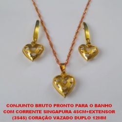 CONJUNTO BRUTO PRONTO PARA O BANHO COM CORRENTE SINGAPURA 45CM+EXTENSOR (3545) CORAÇÃO VAZADO DUPLO 12MM PESO TOTAL 4,5GR - BRU2163