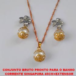 CONJUNTO BRUTO PRONTO PARA O BANHO COM CORRENTE SINGAPURA 45CM+EXTENSOR COM PEROLAS DE 10MM CASTROADA PESO TOTAL 5,9GR - BRU1912