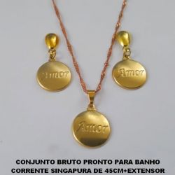 CONJUNTO BRUTO PRONTO PARA BANHO CORRENTE SINGAPURA DE 45CM+EXTENSOR (3511) PINGENTE REDONDO 15MM LISO ''AMOR'' (PEQUENO)PESO TOTAL 5,9GR - BRU0405