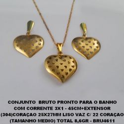 CONJUNTO  BRUTO PRONTO PARA O BANHO COM CORRENTE 3X1 - 45CM+EXTENSOR (304)CORAÇAO 25X27MM LISO VAZ C/ 22 CORAÇAO (TAMANHO MEDIO) TOTAL 8,6GR - BRU4611