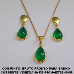 CONJUNTO  BRUTO PRONTO PARA BANHO  CORRENTE VENEZIANA DE 45CM+EXTENSOR COM BASE TIPO GOTA-PINGENTE DE 14X9MM COM CRISTAL LEITOSO - PESO 3,9GR -  BRU3751