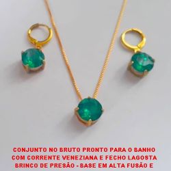 CONJUNTO NO BRUTO PRONTO PARA O BANHO COM CORRENTE VENEZIANA E FECHO LAGOSTA BRINCO DE PRESÃO - BASE EM ALTA FUSÃO E PEDRA DE 10MM (RESINA)PESO 5,9GR - BRU2725