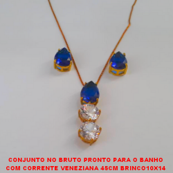 CONJUNTO NO BRUTO PRONTO PARA O BANHO COM CORRENTE VENEZIANA 45CM BRINCO10X14 E PINGENTE 10X10 COM BASE EM ALTA FUSÃO COM ZIRCONIAS COLORIDAS - PESO TOTAL 10,5GR BRU2770