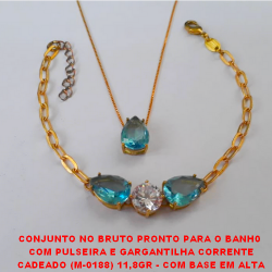 CONJUNTO NO BRUTO PRONTO PARA O BANH0  COM PULSEIRA E GARGANTILHA CORRENTE CADEADO (M-0188) 11,8GR - COM BASE EM ALTA FUSÃO - E ZIRCONIAS COLORIDA - BRU0037A