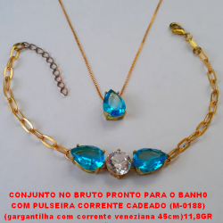 CONJUNTO NO BRUTO PRONTO PARA O BANH0  COM PULSEIRA CORRENTE CADEADO (M-0188)  (gargantilha com corrente veneziana 45cm)11,8GR  - COM BASE EM ALTA FUSÃO - E ZIRCONIAS COLORIDA BRU0597