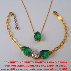 CONJUNTO NO BRUTO PRONTO PARA O BANH0  COM PULSEIRA CORRENTE CADEADO (M-0188)  (gargantilha com corrente veneziana 45cm)11,8GR -  COM BASE EM ALTA FUSÃO - E ZIRCONIAS COLORIDA  - 2064
