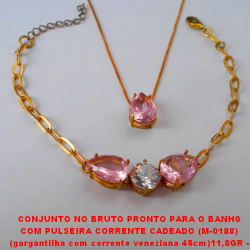 CONJUNTO NO BRUTO PRONTO PARA O BANH0  COM PULSEIRA CORRENTE CADEADO (M-0188)  (gargantilha com corrente veneziana 45cm)11,8GR -  COM BASE EM ALTA FUSÃO - E ZIRCONIAS COLORIDA  - BRU2060