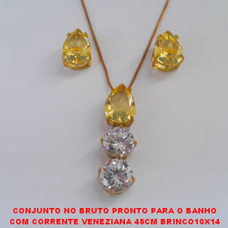 CONJUNTO NO BRUTO PRONTO PARA O BANHO COM CORRENTE VENEZIANA 45CM BRINCO10X14 E PINGENTE 10X10 COM BASE EM ALTA FUSÃO COM ZIRCONIAS COLORIDAS - PESO TOTAL 10,5GR BRU2862