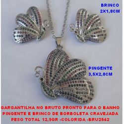 GARGANTILHA NO BRUTO PRONTO PARA O BANHO PINGENTE E BRINCO DE BORBOLETA CRAVEJADA PESO TOTAL 12,9GR -COLORIDA (PEÇA DE ALTO LUXO)-BRU2542