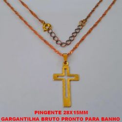 GARGANTILHA BRUTO PRONTO PARA BANHO  COM CORRENTE SINGAPURA DE 45CM+EXTENSOR COM PINGENTE DE CRUZ TAMANHO 28X15MMMM - PESO TOTAL 2,7GR - BRU459