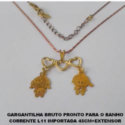 GARGANTILHA BRUTO PRONTO PARA O BANHO CORRENTE L11 IMPORTADA 45CM+EXTENSOR (4250) CANGA 3 CORAÇÃO RETO VAZADO UM MENINO E UMA MENINA - PESO 2,7GR - BRU2237