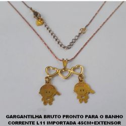 GARGANTILHA BRUTO PRONTO PARA O BANHO CORRENTE L11 IMPORTADA 45CM+EXTENSOR (4250) CANGA 3 CORAÇÃO RETO VAZADO  COM DOIS MENINOS - PESO 2,7GR - BRU2223