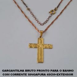 GARGANTILHA BRUTO PRONTO PARA O BANHO COM CORRENTE SINGAPURA 45CM+EXTENSOR (932)CRUZ JESUS 25MM RETICULADA  PESO 3,3GR - BRU00170