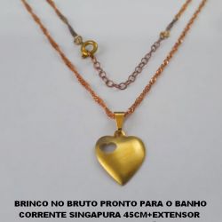 GARGANTILHA  BRUTO PRONTO PARA O BANHO CORRENTE SINGAPURA 45CM+EXTENSOR  PEÇA SUPER LEVE COM CORAÇÃO VASADO  TAMANHO 16MM - PESO TOTAL 2,4GR -BRU2956