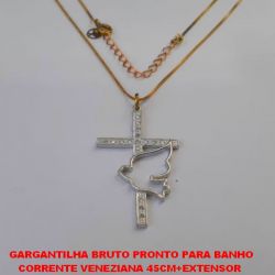GARGANTILHA BRUTO PRONTO PARA BANHO CORRENTE VENEZIANA 45CM+EXTENSOR  (TT)PINGENTE ESPIRITO SANTO CRUZ CRAVEJADA EM MICRO ZIRCONIAS PESO TOTAL 4,2GR - BRU1195