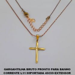 GARGANTILHA BRUTO PRONTO PARA BANHO(4151) CORRENTE L11 IMPORTADA 45CM+EXTENSOR (4151) CRUZ 24MM LISA CENTRO DIAMANTADA PESO TOTAL 2,4GR - BRU3749
