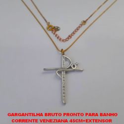 GARGANTILHA BRUTO PRONTO PARA BANHO CORRENTE VENEZIANA 45CM+EXTENSOR  (TT)PINGENTE PALAVRA FÉ  CRUZ CRAVEJADA EM MICRO ZIRCONIAS PESO TOTAL 4,2GR - BRU1113