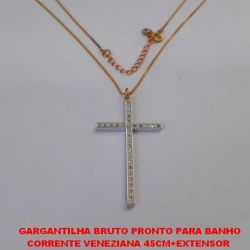 GARGANTILHA BRUTO PRONTO PARA BANHO CORRENTE VENEZIANA 45CM+EXTENSOR  (TT)PINGENTE CRUZ CRANDE CRUZ CRAVEJADA EM MICRO ZIRCONIAS PESO TOTAL 4,7GR - BRU1147
