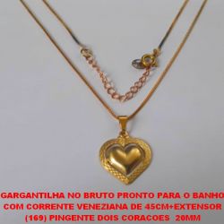 GARGANTILHA NO BRUTO PRONTO PARA O BANHO COM CORRENTE VENEZIANA DE 45CM+EXTENSOR (169) PINGENTE DOIS CORACOES  20MM PESO TOTAL 3,2GR - BRU4003