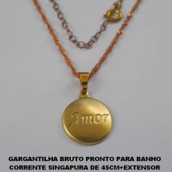 GARGANTILHA BRUTO PRONTO PARA BANHO COM CORRENTE SINGAPURA DE 45CM+EXTENSOR (3511) PINGENTE REDONDO 15MM LISO ''AMOR'' PESO TOTAL 3GR - BRU0255