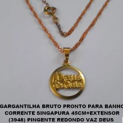 GARGANTILHA BRUTO PRONTO PARA BANHO CORRENTE SINGAPURA 45CM+EXTENSOR (3948) PINGENTE REDONDO VAZ DEUS  TE GUIE 15MM PESO TOTAL 2,7GR - BRU1011