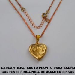 GARGANTILHA  BRUTO PRONTO PARA BANHO CORRENTE SINGAPURA DE 45CM+EXTENSOR (3870)CORAÇÃO 17MM DUPLO  DIAMANTADO LOVE PESO TOTAL 3,7GR - BRU2817