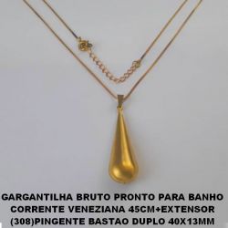 GARGANTILHA BRUTO PRONTO PARA O BANHO COM CORRENTE VENEZIANA 45CM+EXTENSOR (308)PINGENTE BASTAO DUPLO 40X13MM PESO TOTAL DE 4,7GR - BRU0254