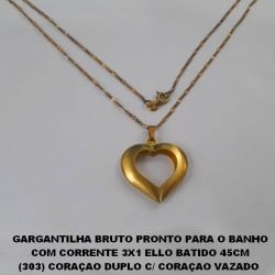 GARGANTILHA BRUTO PRONTO PARA O BANHO COM CORRENTE 3X1 ELLO BATIDO 45CM (303) CORAÇAO DUPLO C/ CORAÇAO VAZADO 25X27MM TOTAL 3,9GR - BRU1426