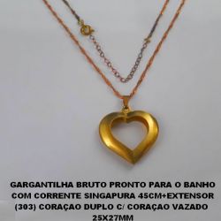 GARGANTILHA BRUTO PRONTO PARA O BANHO COM CORRENTE SINGAPURA 45CM+EXTENSOR (303) CORAÇAO DUPLO C/ CORAÇAO VAZADO 25X27MM TOTAL 4,3GR - BRU0272