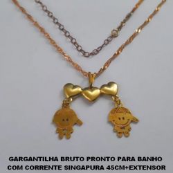 GARGANTILHA BRUTO PRONTO PARA BANHO  COM CORRENTE SINGAPURA 45CM+EXTENSOR (4200)CANGA CORAÇÃO LISO P/ 2 ACESSORIOS 20MM (DOIS MENINOS) PESO TOTAL 3,3GR - BRU4515