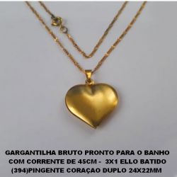 GARGANTILHA BRUTO PRONTO PARA O BANHO COM CORRENTE DE 45CM -  3X1 ELLO BATIDO (394)PINGENTE CORAÇAO DUPLO P/ DOBRAR  24X22MM - PESO TOTAL 4,4GR - BRU0343