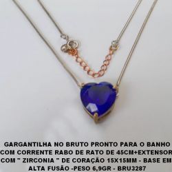 GARGANTILHA NO BRUTO PRONTO PARA O BANHO COM CORRENTE RABO DE RATO DE 45CM+EXTENSOR  COM '' ZIRCONIA '' DE CORAÇÃO 15X15MM - BASE EM  ALTA FUSÃO -PESO 6,9GR - BRU3287