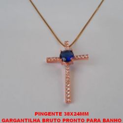 GARGANTILHA BRUTO PRONTO PARA BANHO COM CORRENTE VENEZIANA DE 45CM+EXTENSOR PINGENTE CRUZ TODA CRAVEHADA COM PEDRA DE  ZIRCONIA CENTRAL DE 8MM - PESO 4,7GR - BRU1667
