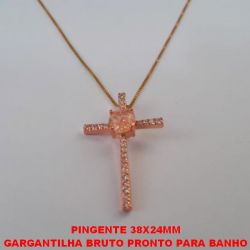 GARGANTILHA BRUTO PRONTO PARA BANHO COM CORRENTE VENEZIANA DE 45CM+EXTENSOR PINGENTE CRUZ TODA CRAVEHADA COM PEDRA DE  ZIRCONIA CENTRAL DE 8MM - PESO 4,7GR - BRU1299