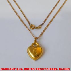 GARGANTILHA BRUTO PRONTO PARA BANHO COM CORRENTE de 45CM - COM FECHO REDONDO PINGENTE DE CORAÇÃO  16.MM PESO 3,7GR - BRU0296