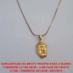 GARGANTILHA NO BRUTO PRONTO PARA O BANHO CORRENTE L11 DE 45CM - COM FACE DE CRISTO 3,7GR - PINGENTE 3X1,5CM - BRU3516