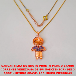 GARGANTILHA NO BRUTO PRONTO PARA O BANHO CORRENTE VENEZIANA DE 45CM+EXTENSOR - PESO 3,9GR - MENINO TODO CRAVEJADO MICRO ZIRCONIAS BRU3048