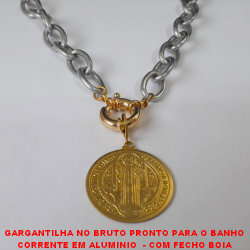 GARGANTILHA NO BRUTO PRONTO PARA O BANHO CORRENTE EM ALUMINIO  - COM FECHO BOIA GRANDE - PINGENTE DE SAO BENTO 3CM - CORRENTE LARGURA 1CM - PESO 38GR  -BRU1958