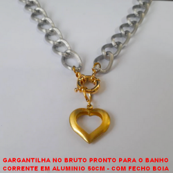 GARGANTILHA NO BRUTO PRONTO PARA O BANHO CORRENTE EM ALUMINIO 50CM - COM FECHO BOIA GRANDE - PINGENTE CORAÇÃO 2,5CM - CORRENTE LARGURA 1,3CM - PESO 38GR  -BRU2248