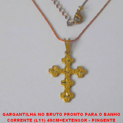 GARGANTILHA NO BRUTO PRONTO PARA O BANHO  CORRENTE (L11) 45CM+EXTENSOR - PINGENTE  DIAMANTADO CRUZ DE 2,5X1,5CM - PESO TOTAL 2,3GR -(DIA) - BRU2084