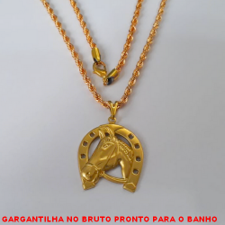 GARGANTILHA NO BRUTO PRONTO PARA O BANHO CORRENTE CORDÃO BAIANO DE 60CM E 4MM LARGURA COM PINGENTE CAVALO E FERRADURA  3CM - PESO 30GR BRU3544