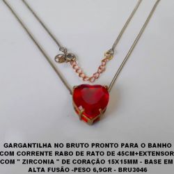GARGANTILHA NO BRUTO PRONTO PARA O BANHO COM CORRENTE RABO DE RATO DE 45CM+EXTENSOR  COM '' ZIRCONIA '' DE CORAÇÃO 15X15MM - BASE EM  ALTA FUSÃO -PESO 6,9GR - BRU3046