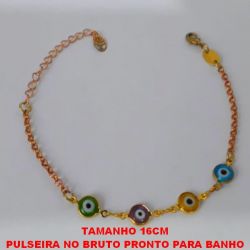 PULSEIRA NO BRUTO PRONTO PARA BANHO COM CORRENTE ELLO PORTUGUES -E OLHO GREGO DE 6MM TAMANHO 16CM+EXTENSOR - COM FECHO LAGOSTA - BRU1687