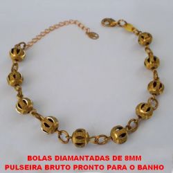 PULSEIRA BRUTO PRONTO PARA O BANHO COM BOLAS DIAMANTADAS DE 8MM - COM  FECHO LAGOSTA - TAMANHO 18CM+EXTENSOR PESO TOTAL 5,9GR - BRU1390