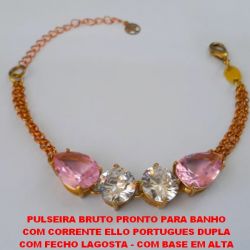 PULSEIRA BRUTO PRONTO PARA BANHO COM CORRENTE ELLO PORTUGUES DUPLA COM FECHO LAGOSTA - COM BASE EM ALTA FUSÃO - ZIRCONIAS 10X14MM E 10X10MM -  PESO 10GR - BRU0924