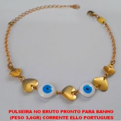 PULSEIRA NO BRUTO PRONTO PARA BANHO  (PESO 3,6GR) CORRENTE ELLO PORTUGUES COM ENTREMEIO DE CORAÇÃO E CONCHAS E PEDRA DE OLHO GREGO 10MM - COM FECHO LAGOSTA - 18CM+EXTENSOR BRU1130